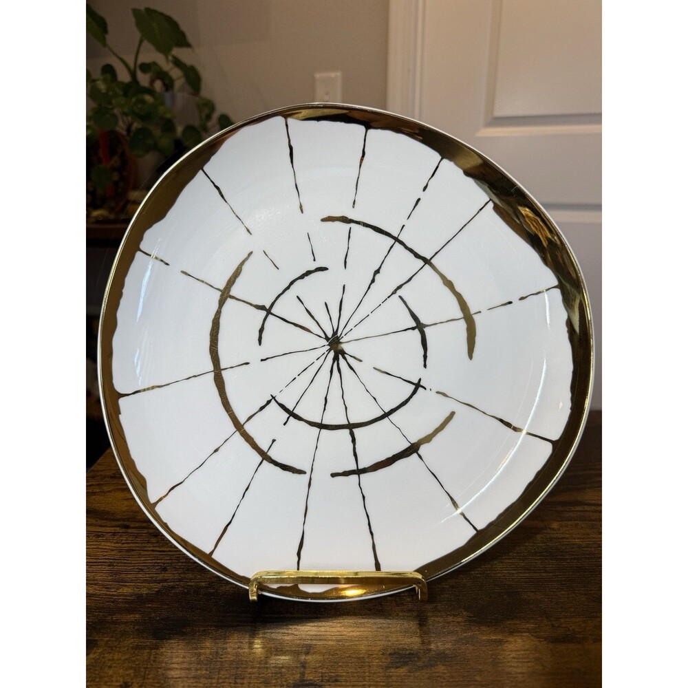 David Stark for West Elm Wood Slices Dinner Plates Gold White 11.25” Set of 2